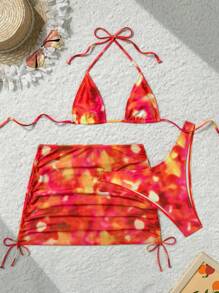 Swim EVENT Women's 3 Pieces Set All Over Print Sunset Gradient Bright Summer Bikini Set With Tie Side Beach Dress - Multicolor - View 2