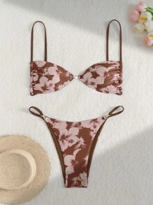 2pcs Floral Print Gold Accessory Tank Top & Spaghetti Strap Bikini Bottom Swimming Suit, Sexy Ladies Summer Vacation Swimwear Set
