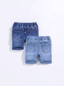 SHEIN 2 件装男童深蓝色和浅蓝色牛仔弹力紧身短裤套装 - 藍色 - 查看 2