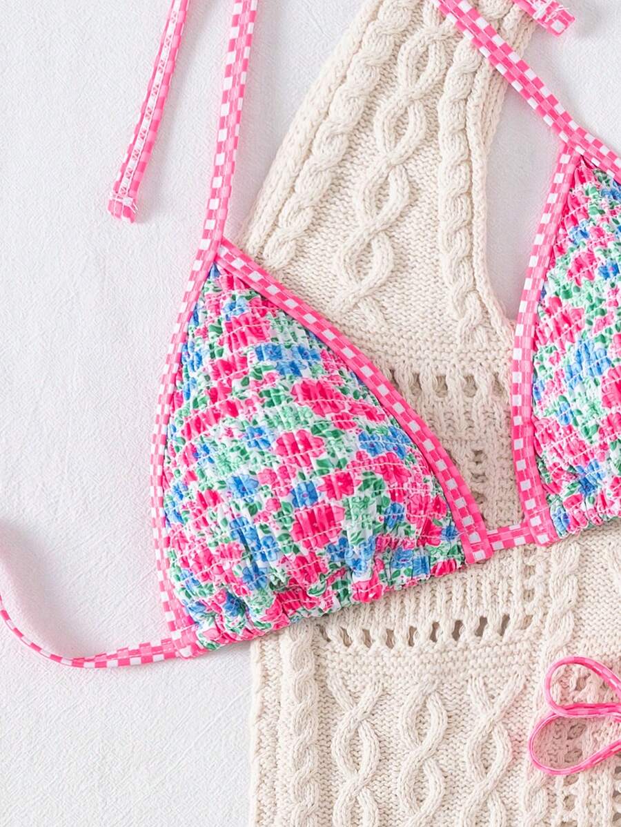 Swim Mod 2pcs/Set Women's Cute Vacation Patchwork Ditsy Floral Gingham Triangle Bikini With Neck Tie Back And Side Tie Detailed Shorts For Summer - Multicolor - View 1