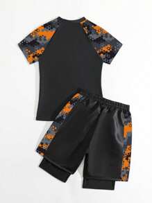 Tween Boy Letter Print Raglan Sleeve Swim Tee And Shorts Set, Printed - Multicolor - View 2