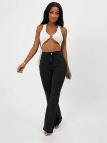 SHEIN PETITE HIGH WAIST FLARE SPLIT RAW HEM STRETCH JEANS - Black - View 5