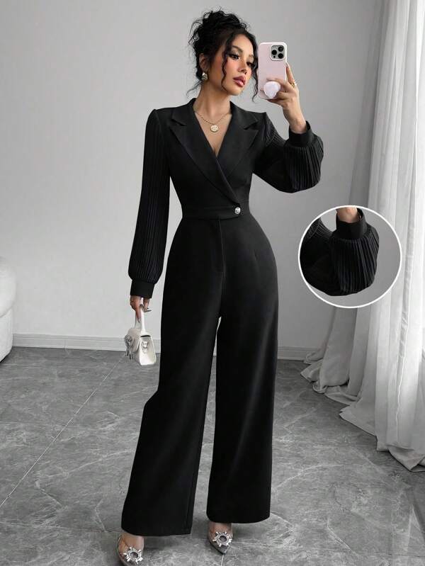 INAWLY 优雅通勤纯色灯笼袖连体裤