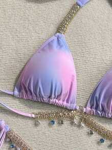 Soleia Pink Summer Casual Beach Vacation Holiday Women's Multi-Color Tie Dye V-Neck Metal Shell Chain Decor Halter Bikini Set,Tropical Style Swim Suits - Multicolor - View 4