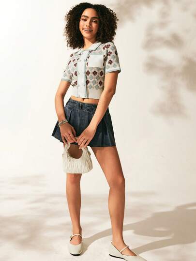 Easelle Four Leaf Clover & Geo Pattern Patch Pocket Button Front Lapel Green Knit Top,Knitted Sweater