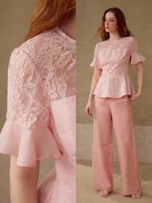 MOTF PREMIUM Top PEPLUM EN DENTELLE CONTRASTANTE - Rose bonbon - Voir 1