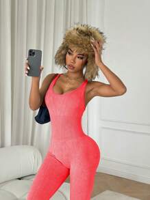 Dewbera Solid Color Criss-Cross Backless Jumpsuit, Minimalist And Fashionable Design, Suitable For Summer - Red Orange - View 2