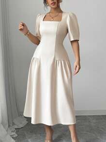 Celure Abito lungo da donna elegante e casual per primavera/estate, stile francese chic, adatto per lavoro, vacanza e occasioni formali, con scollo quadrato, drappeggio, in colore unito