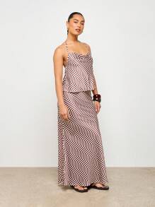 AiiRZ 缎面波浪印花两件套露背上衣长裙套装夏季海滩度假装度假服装派对晚会特殊场合套装