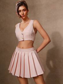 L'Amorae Summer Women Outfit, Women Clothes, Women's Pink Cute Gold Bow Button Vest And Skirt Two Pieces Set, Women Skirts, Women Tops, Women Tank Tops, Women Set, Pink Top, Pink Skirt, Women Two Pieces Sets, Skirt Set. For Date Night, Concerts, Performances, Wedding, Parties, Clubs, Evening, Business Casual Women - Pink - View 1
