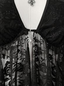 Sunspun Top de tirantes finos asimétrico con encaje calado y diseño de araña transparente, estilo casual retro punk para mujer talla grande, primavera/verano