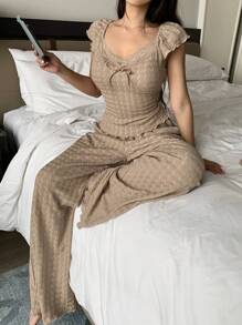 DAZY Women's Lightweight Textured Lace Patchwork Pajama Set - Khaki - View 1