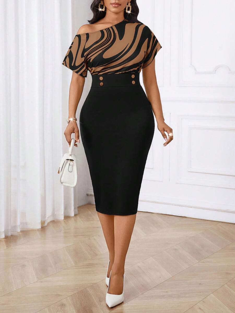 SHEIN Lady Váy dự tiệc công sở thanh lịch mùa xuân, mùa hè, mùa thu và mùa đông cho nữ năm mới - màu nâu - Xem 1