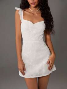 TRNVIE Women Solid Color Backless Ruffle Hem Short Dress - Apricot - View 5