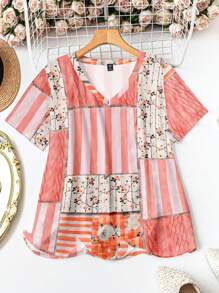 SHEIN LUNE 大码女式花朵面料拼接印花 V 领短袖休闲度假 T 恤