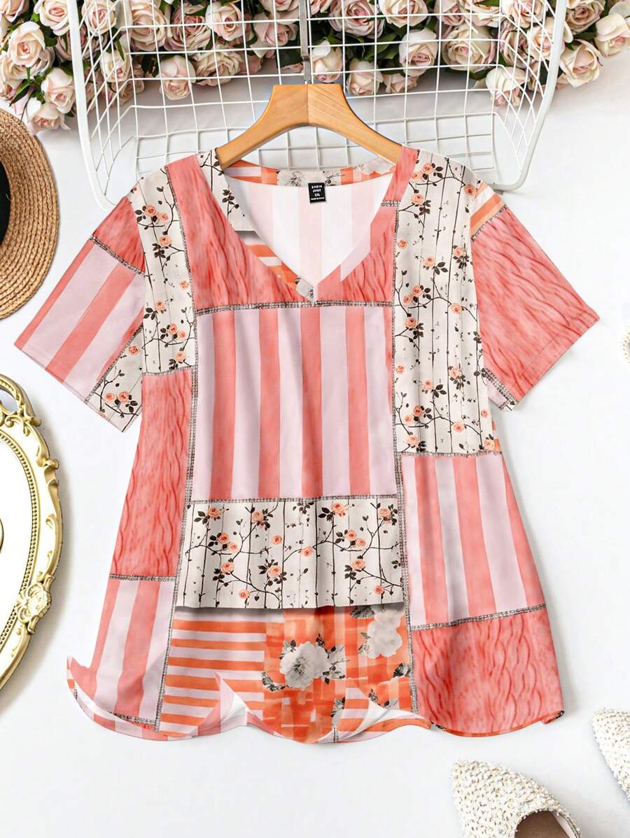 SHEIN LUNE 大码女式花朵面料拼接印花 V 领短袖休闲度假 T 恤