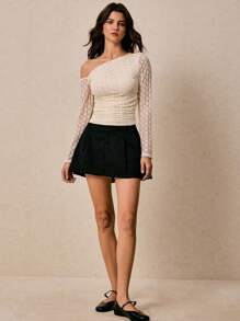 Poéselle Women's Elegant Solid Color Lace Asymmetric Neckline T-Shirt