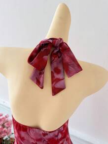 Elamini Vestido de mujer con estampado completo, cuello de halter y dobladillo asimétrico con volantes, estilo vacacional