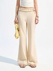 LYSMO Quần sọc nữ có nút kim loại và eo khoét - trắng - Xem 7