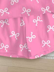 SHEIN 2Pcs Cute Sweet Pink Bow Printed Young Girl Casual Shorts Suit, Colorblock, Suitable For Summer - Multicolor - View 6