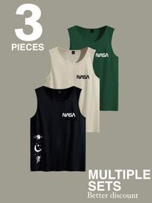 Manfinity Homme Men's Casual Letter & Planet Print Round Neck Tank Top, Summer - Multicolor - View 1