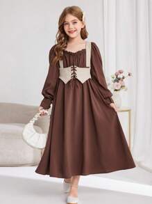 Tween Girls Contrast Color Block Waist Pleated Bust Adjustable Strap Front Ruffle Long Sleeve Square Neck Midi Dress, Suitable For Home And Outdoor ,Boho Style - Brown - View 1