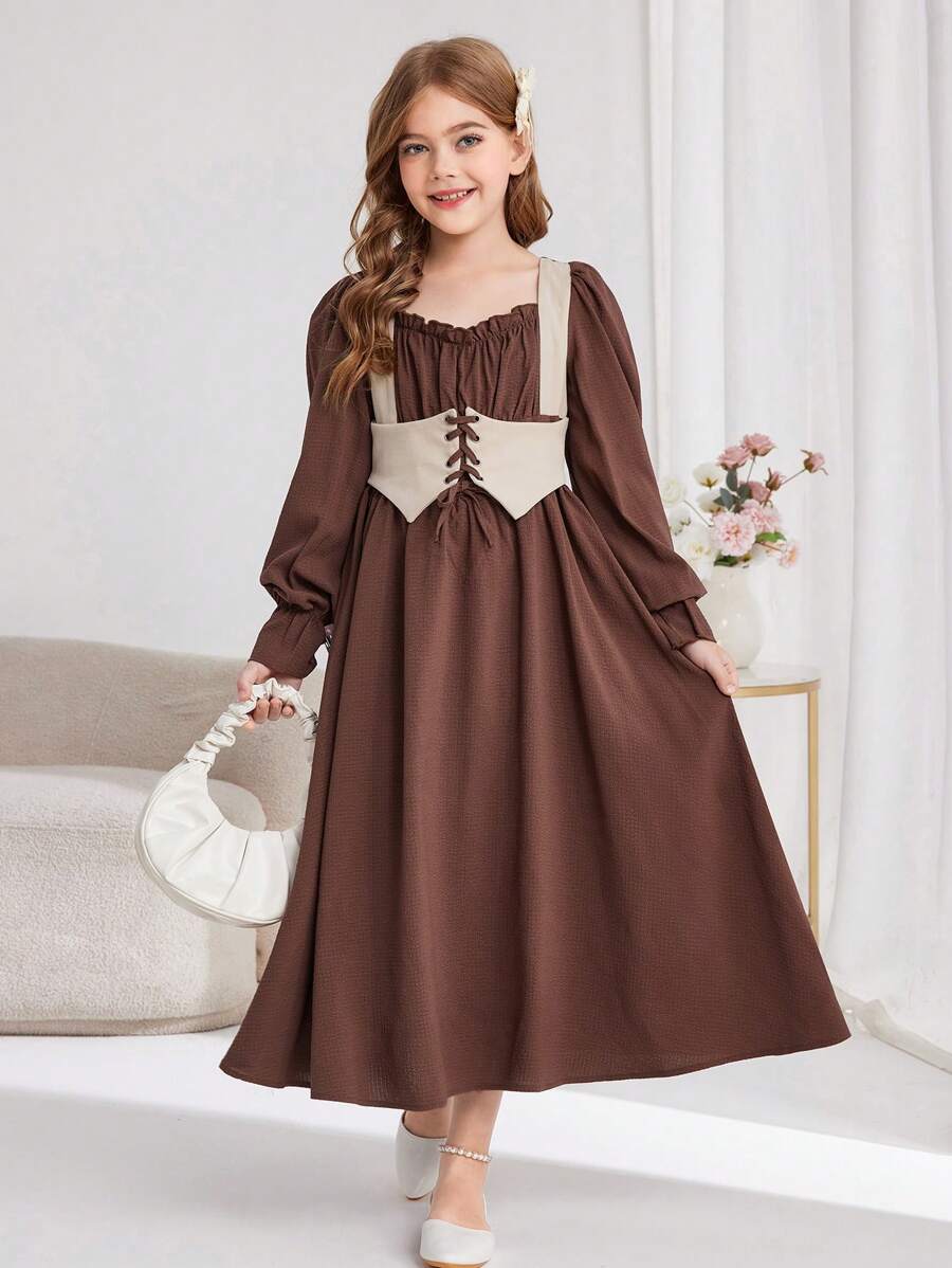 Tween Girls Contrast Color Block Waist Pleated Bust Adjustable Strap Front Ruffle Long Sleeve Square Neck Midi Dress, Suitable For Home And Outdoor ,Boho Style - Brown - View 1