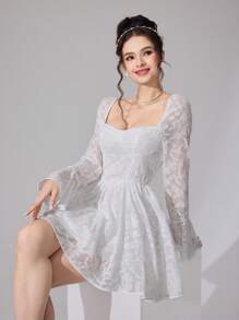Modelyn Vestido corto de mujer de unicolor elegante con mangas abombadas y recortes - Blanco - Ver 1