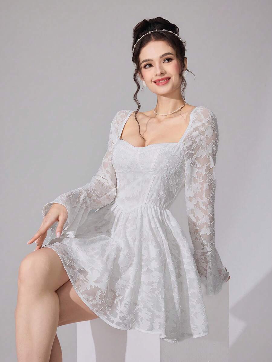 Modelyn Vestido corto de mujer de unicolor elegante con mangas abombadas y recortes - Blanco - Ver 1