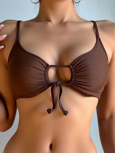 Swim Vcay Women's Beach Simple Solid Color Front Tie Bikini Top For Summer Beach Vacation