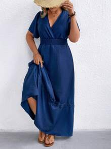 SHEIN LUNE Đầm thường ngày cổ chữ V màu trơn cỡ lớn cho nữ, tay ngắn, thích hợp cho mùa hè - màu đen - Xem 1