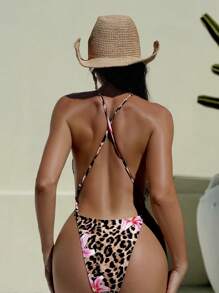 Costume da bagno intero con schiena scoperta, collo alla halter e stampa leopardata, adatto per vacanze al mare in estate