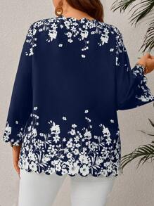 EMERY ROSE Plus Size Women's Floral Print Black Blouse, Early Spring
