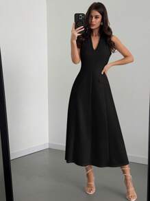 Firerie Vestido elegante y minimalista de mujer con escote en V, cintura ceñida y línea A de largo medio, apropiado para el uso diario - Negro - Ver 6