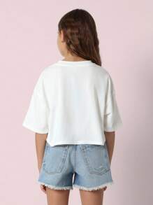 SUMWON Aloha 夏季短款 T 恤夏威夷芙蓉花印花短袖休闲海滩度假上衣青少年女孩夏季装 - 白色 - 查看 2