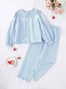 2pcs/Set Tween Girl Casual Pink Plaid Splice Ruffle Trim Long Sleeve Top And Long Pants Loungewear Set Two Pieces Set For Girls Clothes Clothes Set Girl Clothes Sets Girls Shirt Sets Summer Outfits For Clothes Set - Baby Blue - View 4