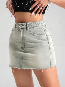 SHEIN PETITE Women's Casual Versatile Denim Mini Skirt With Pockets - Green - View 1