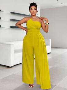 SOLERSUN Mono de pierna ancha con pantalón de raya ancha y escote bandeau embellecido para mujer de talla grande - Mostaza Amarilla - Ver 6
