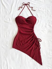 Soleia 度假吊带系带抽绳纹理面料不对称下摆连衣裙 - 酒紅色 - 查看 4