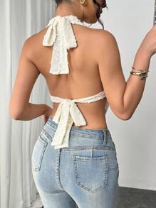Firerie Nuovo top canotta casual da vacanza con spalline a spaghetti, volant, decorazione metallica, elegante e sexy, in jacquard, schiena aperta, stile boho, adatto per donna in vacanza - Albicocca - Visualizzare 2