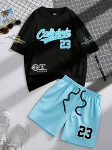Manfinity Hypemode Conjunto de camiseta de manga corta y pantalones cortos de verano casual con estampado de lema para hombre