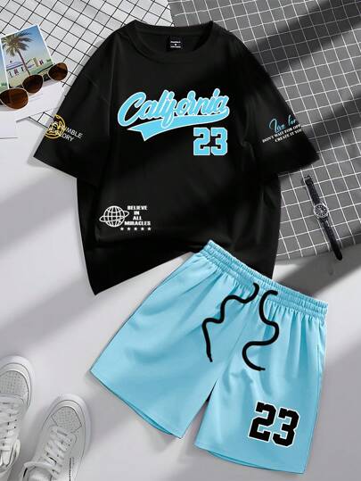 Manfinity Campus Court Men's Summer Casual Slogan Printed Short Sleeve T-Shirt And Shorts Set