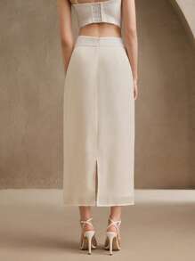 Anewsta 优雅纯色亮片和珍珠缀饰 A 字裙 - 杏色 - 查看 2