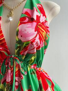 Sweetra Plus Size Halter Print Backless Vacation Dress Mini-Dress - Multicolor - View 2