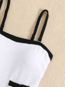 SHEIN Swim Elegant Textured Fabric Black & White Contrast Trim Knit Pockets One-Piece Swimsuit With Removable Shoulder Straps For Summer Beach Vacation - Black and White - View 7