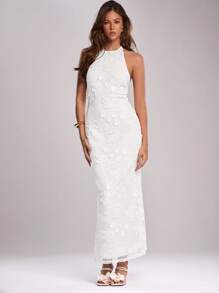 SHEIN BAE 女士春夏浪漫优雅度假性感露背白色钩针简约长款假日连衣裙、波西米亚风女装、女士婚礼宾客礼服、女士沙滩装、女士巡航装、露背连衣裙、全白女士装、白色新娘送礼会礼服、白色毕业礼服 - 白色 - 查看 5