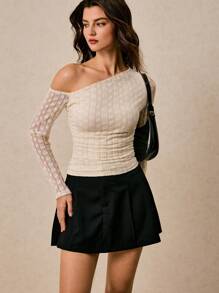 Poéselle Women's Elegant Solid Color Lace Asymmetric Neckline T-Shirt