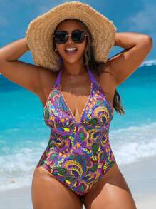 Swim Vcay Costume da bagno intero da donna taglie forti con scollo a V con laccetti, schiena scoperta e stampa floreale sexy - Viola - Visualizzare 3