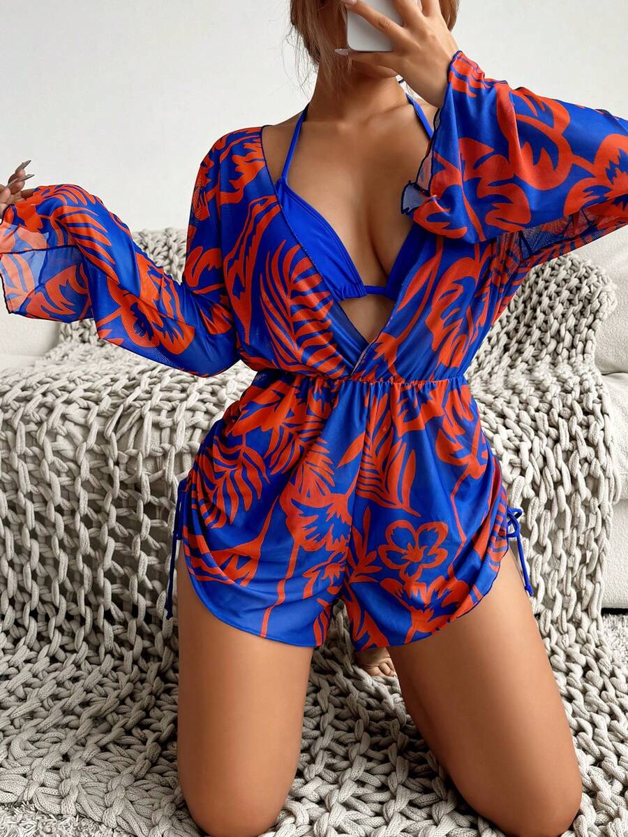 Slaydiva 3 件套女式夏季蓝色纯色三角袋高腰泳裤，随机热带植物印花网眼罩衫，沙滩休闲度假比基尼套装 - 藍色 - 查看 1