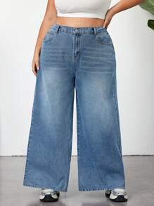 SHEIN CURVE+ Plus Size Heart Pattern Washed Loose Denim Wide Leg Pants, Casual Street Style, Summer, Curve Plus, Boho Vacation